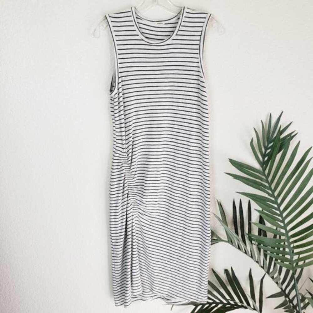 MONROW Casual Ruched Striped Midi Dress Sleeveless Stretch sz S Preppy Nautical